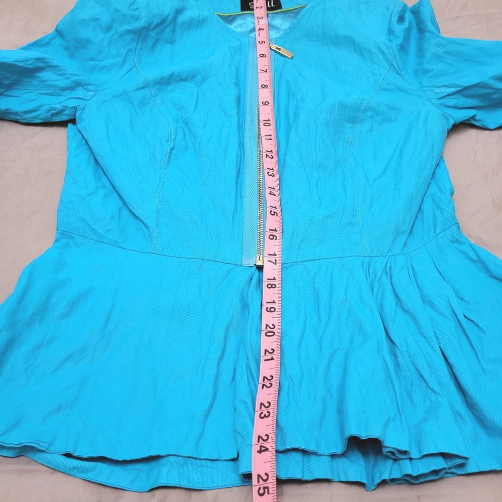 Anthropologie Luii Turquoise Blue Crepe Fitted Peplum Zip Up Jacket Blazer M - Picture 8 of 8